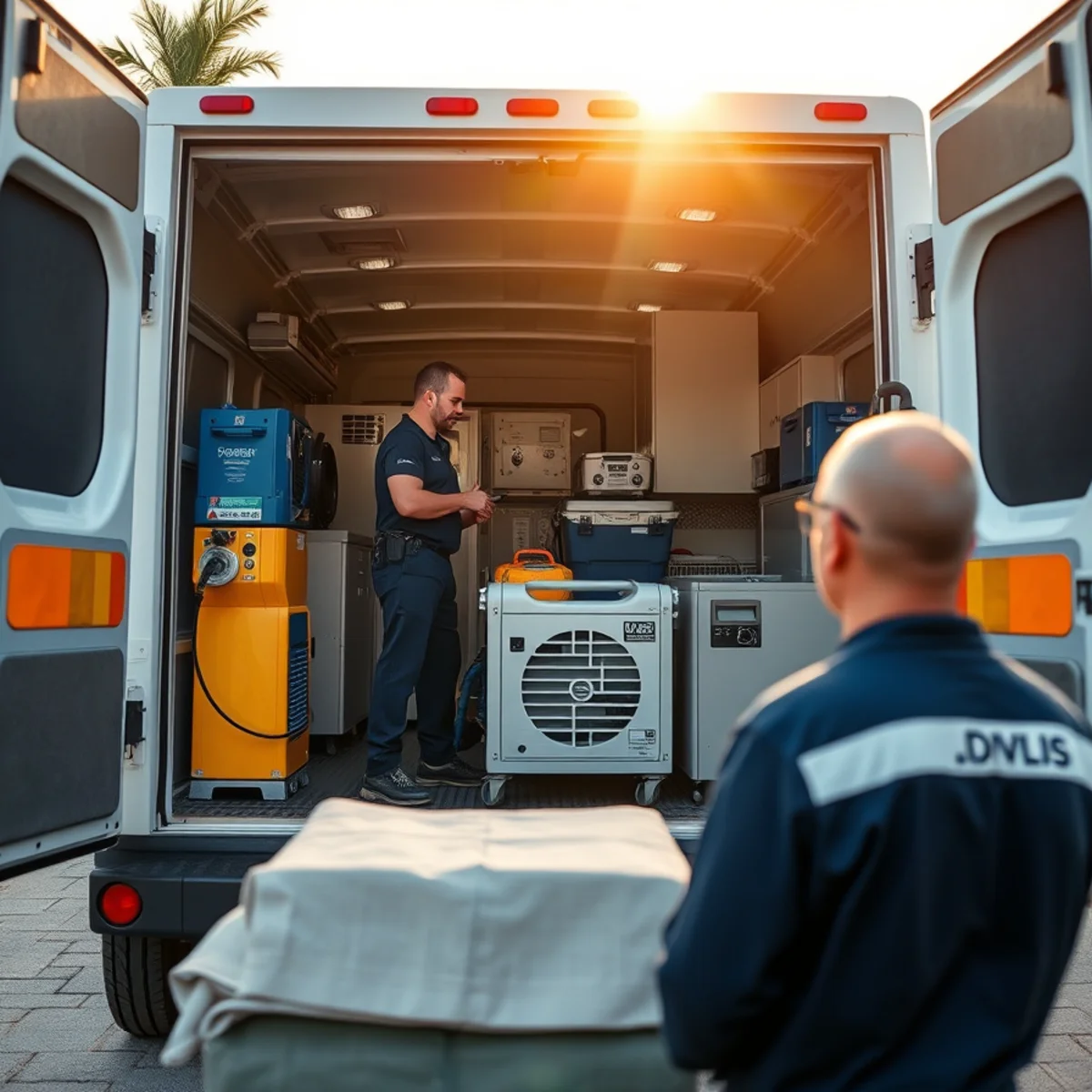 Miami water damage restoration team preparing extraction and drying equipment for an emergency response