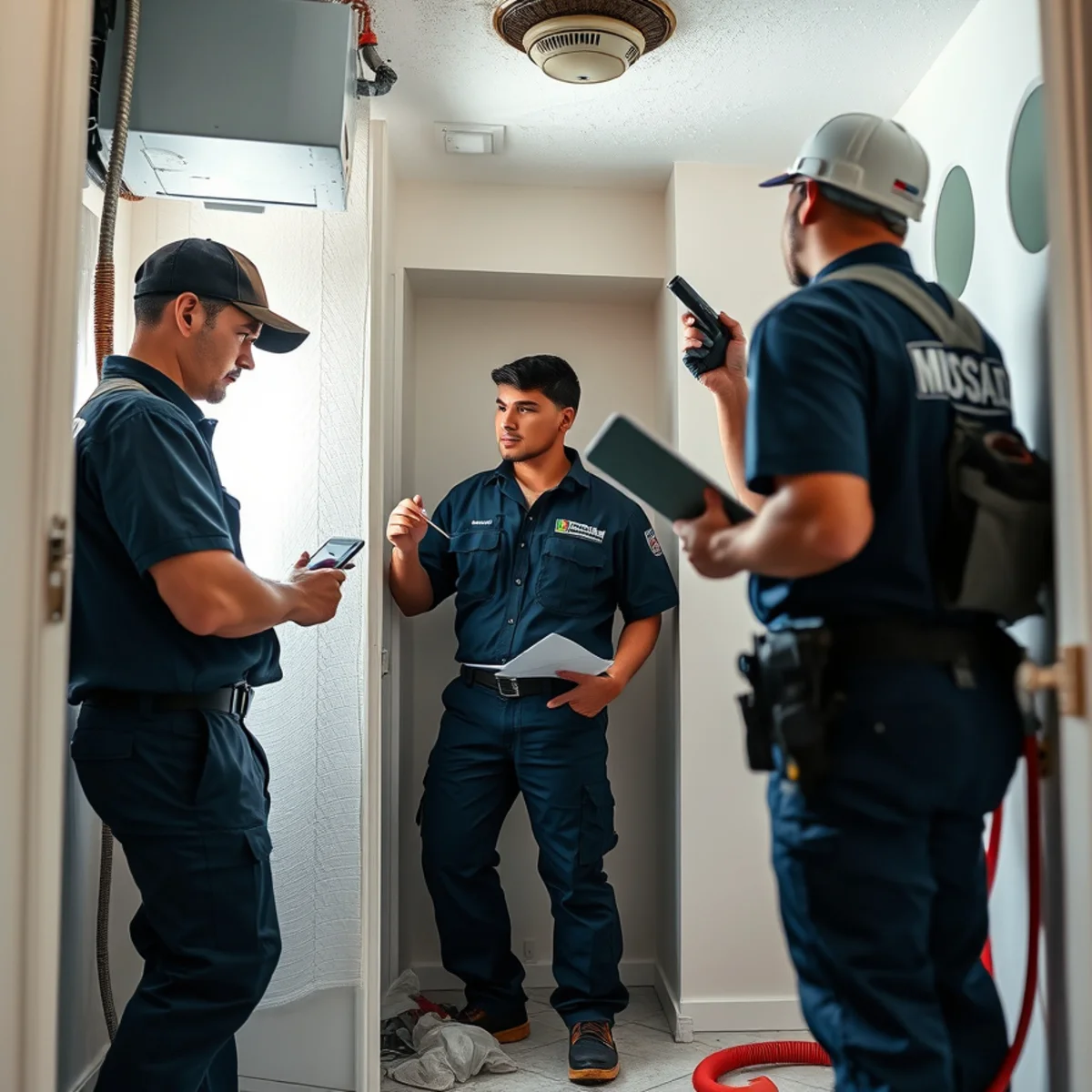 HVAC technician checking a clogged condensate drain after ceiling water damage in Miami