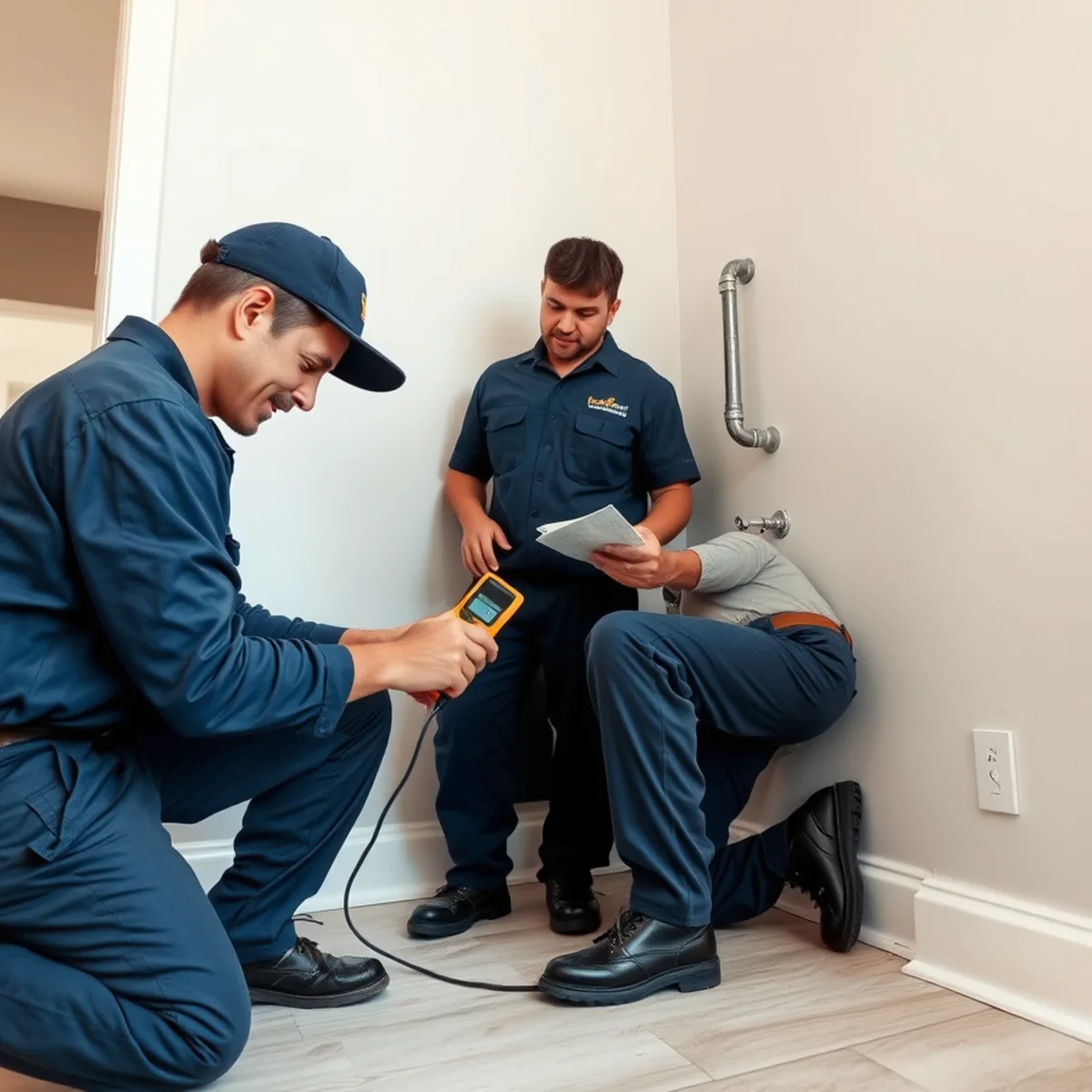 Technician tracing moisture through a Miami wall after a burst plumbing supply line
