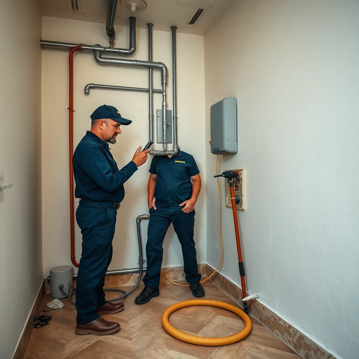 Technician assessing burst pipe water damage in a Miami home