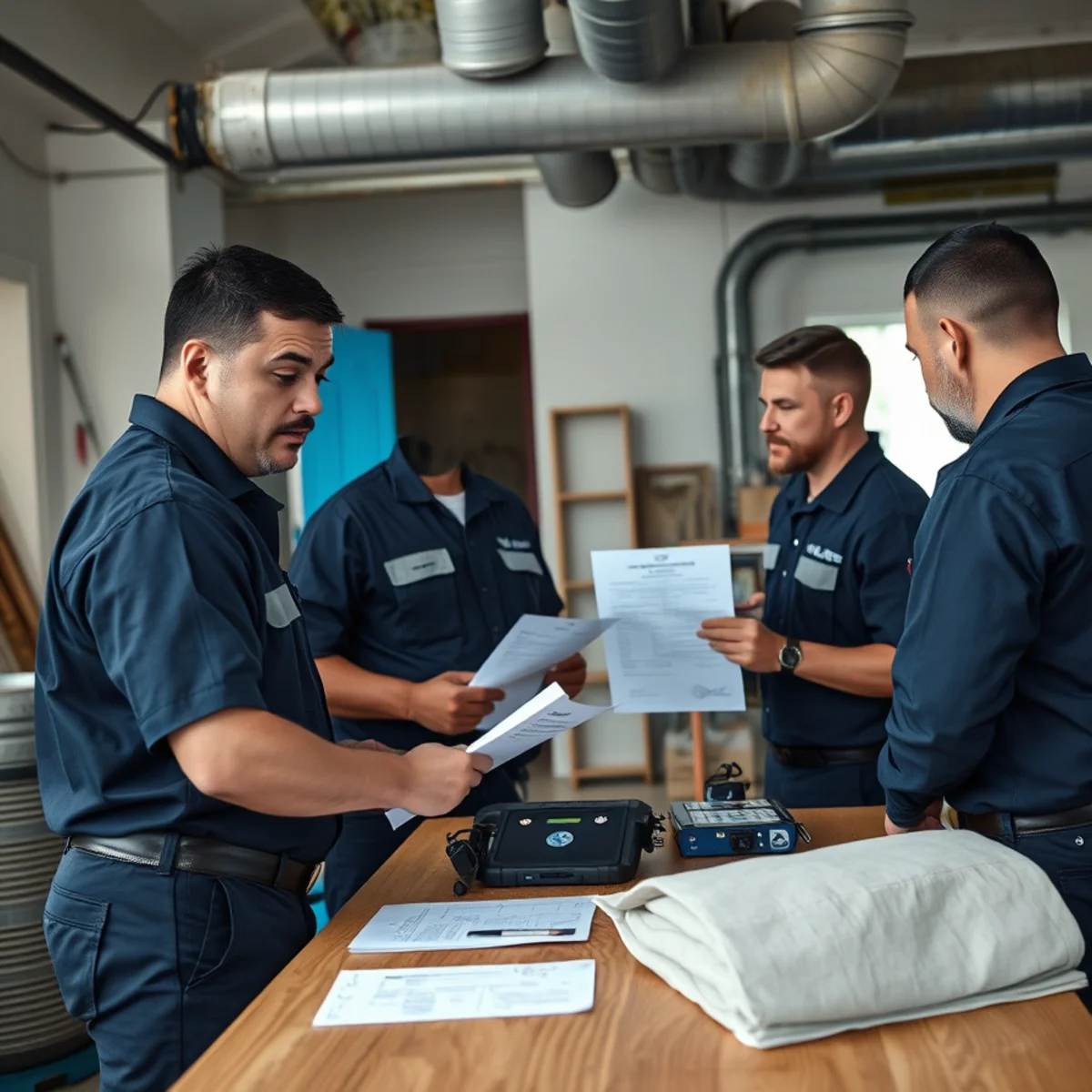 Miami restoration supervisor reviewing moisture readings and safety documentation with trained technicians