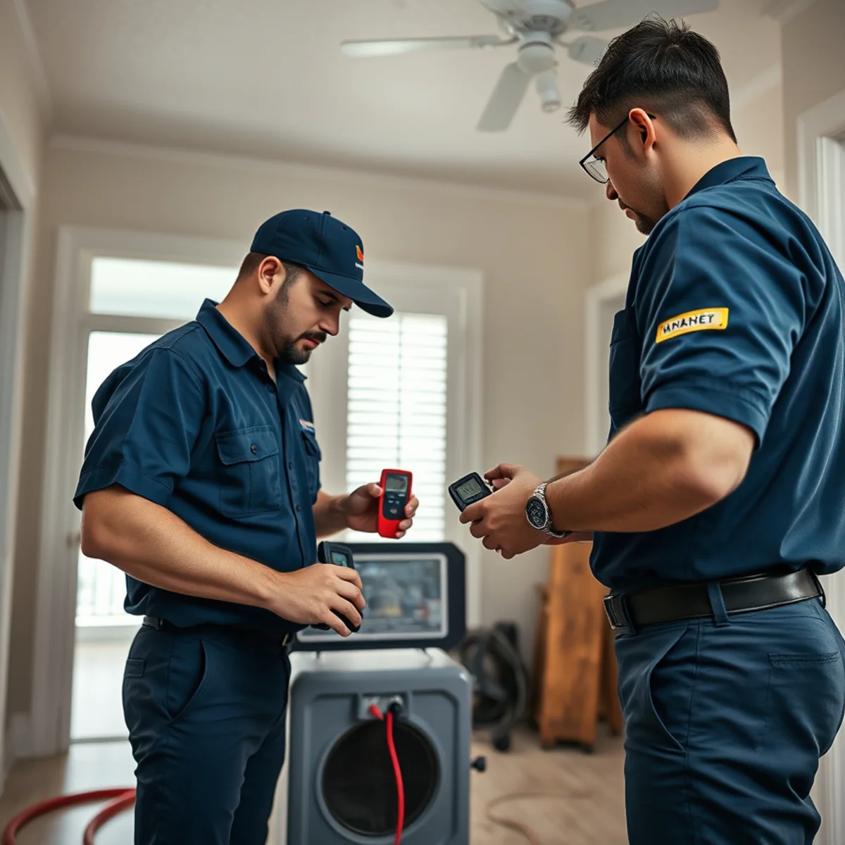 IICRC-certified Miami restoration technicians reviewing a drying plan