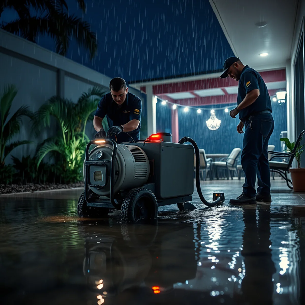Emergency water removal equipment extracting standing water in Miami