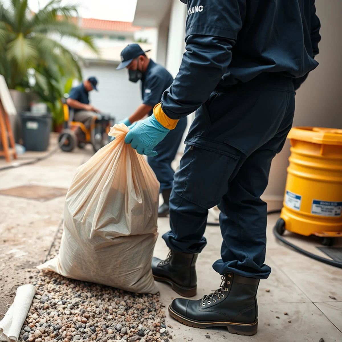 Protected flood cleanup crew removing contaminated stormwater debris from a Miami property