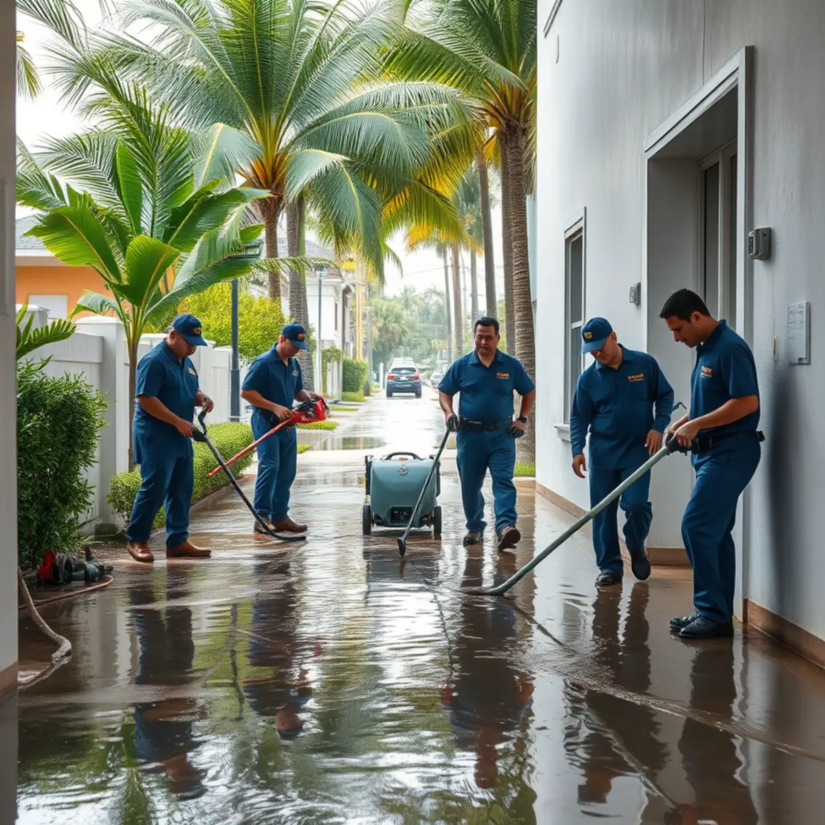 Flood cleanup crew removing storm water from a Miami property