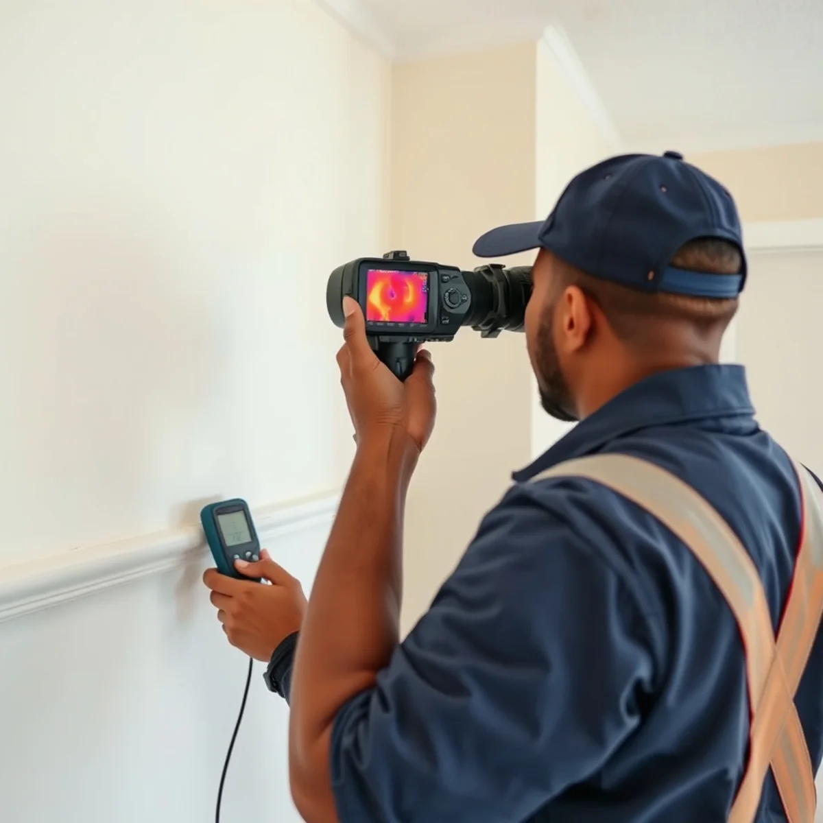Technician using thermal imaging to find hidden water damage in a Miami wall