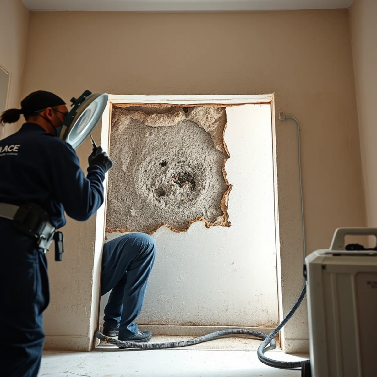 Technician inspecting hidden mold after water damage in a Miami wall