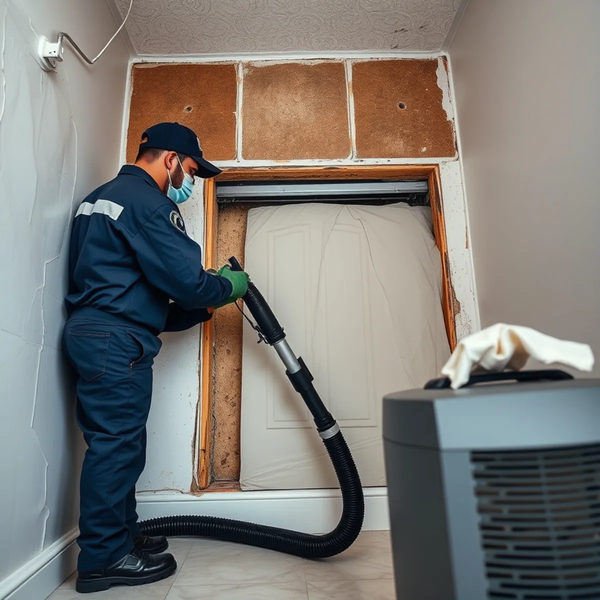 Miami mold remediation technician working inside professional containment with HEPA air filtration