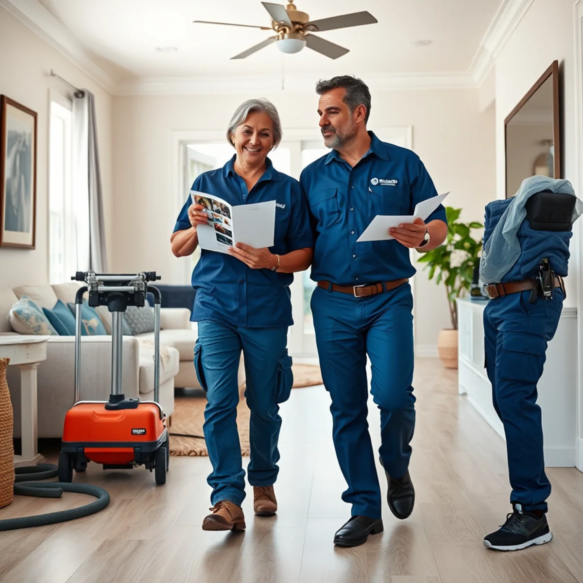 Miami restoration customer reviewing completed water damage repairs with a project manager