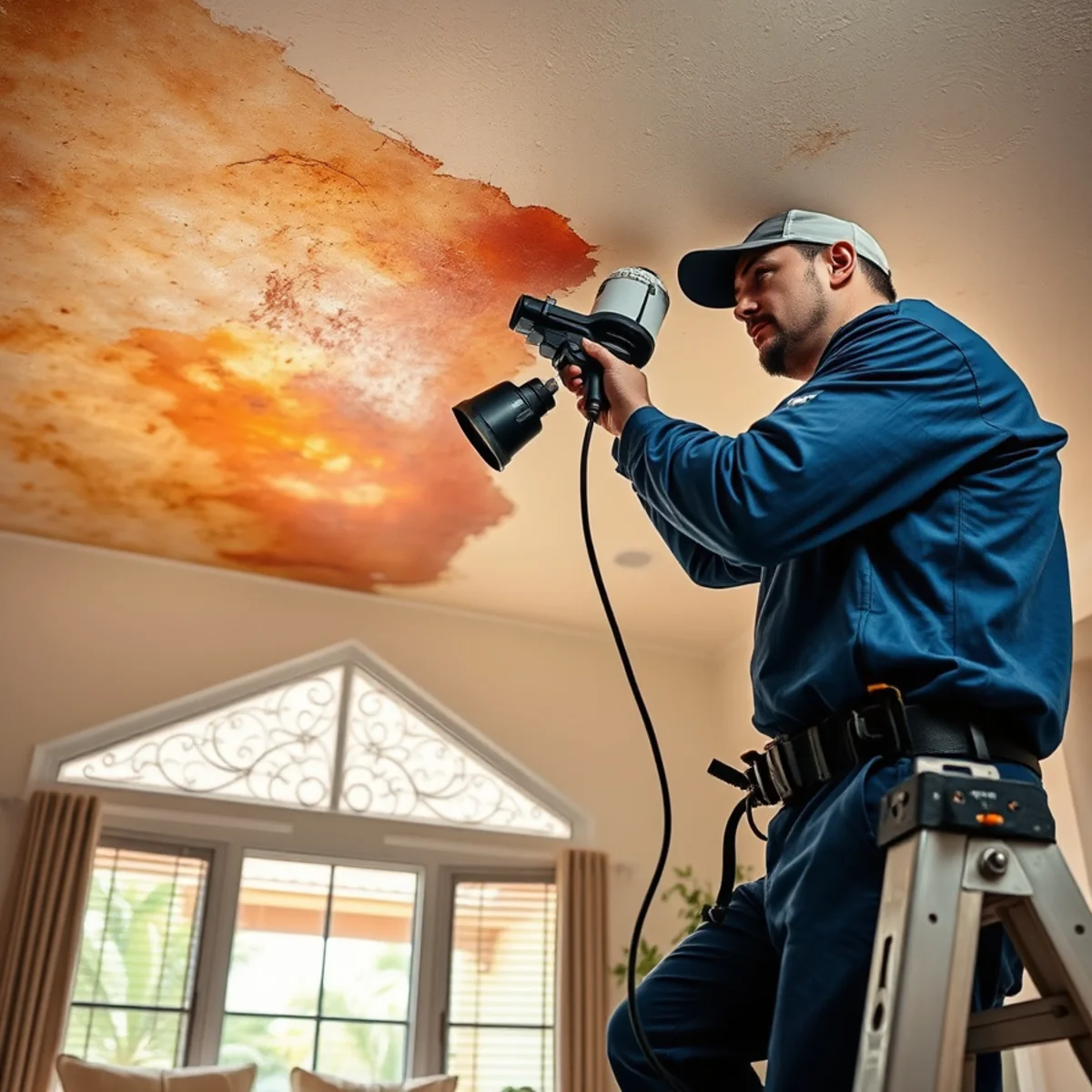 Technician inspecting ceiling water damage below a Miami roof leak