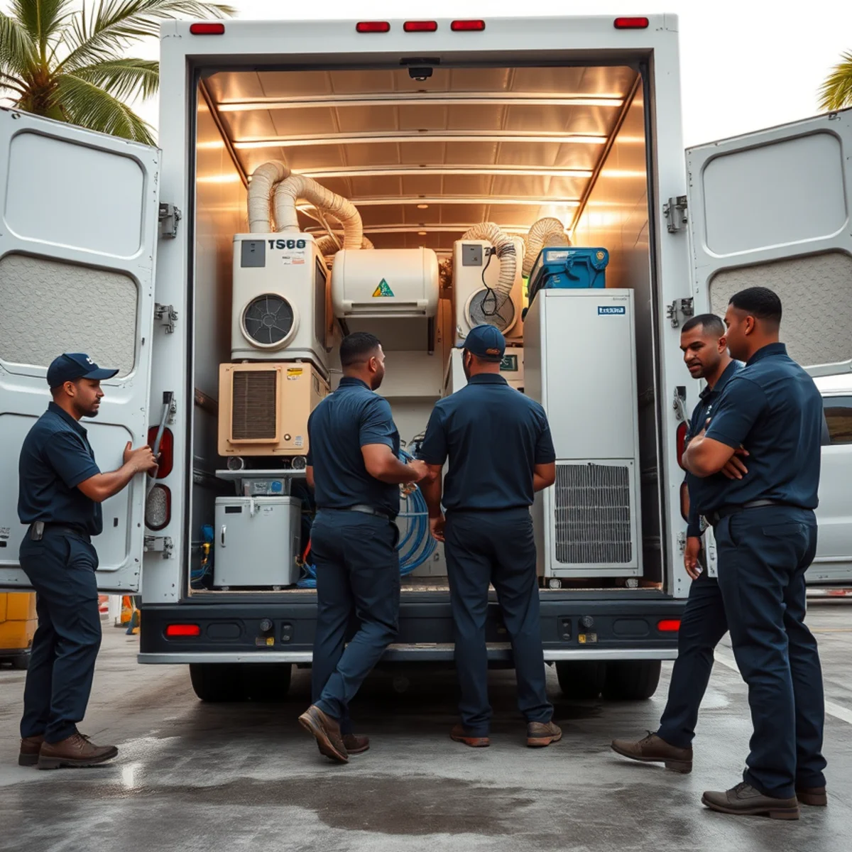 Miami water damage restoration equipment and crew prepared for emergency service