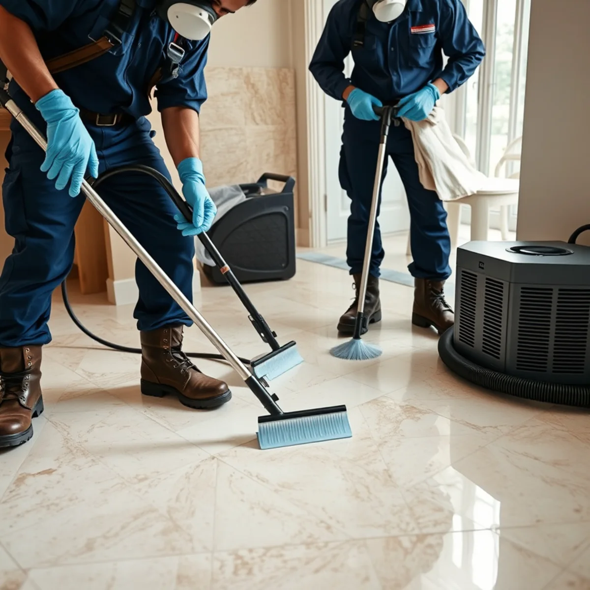 Protected Miami sewage cleanup technicians establishing a sanitary containment and extraction zone