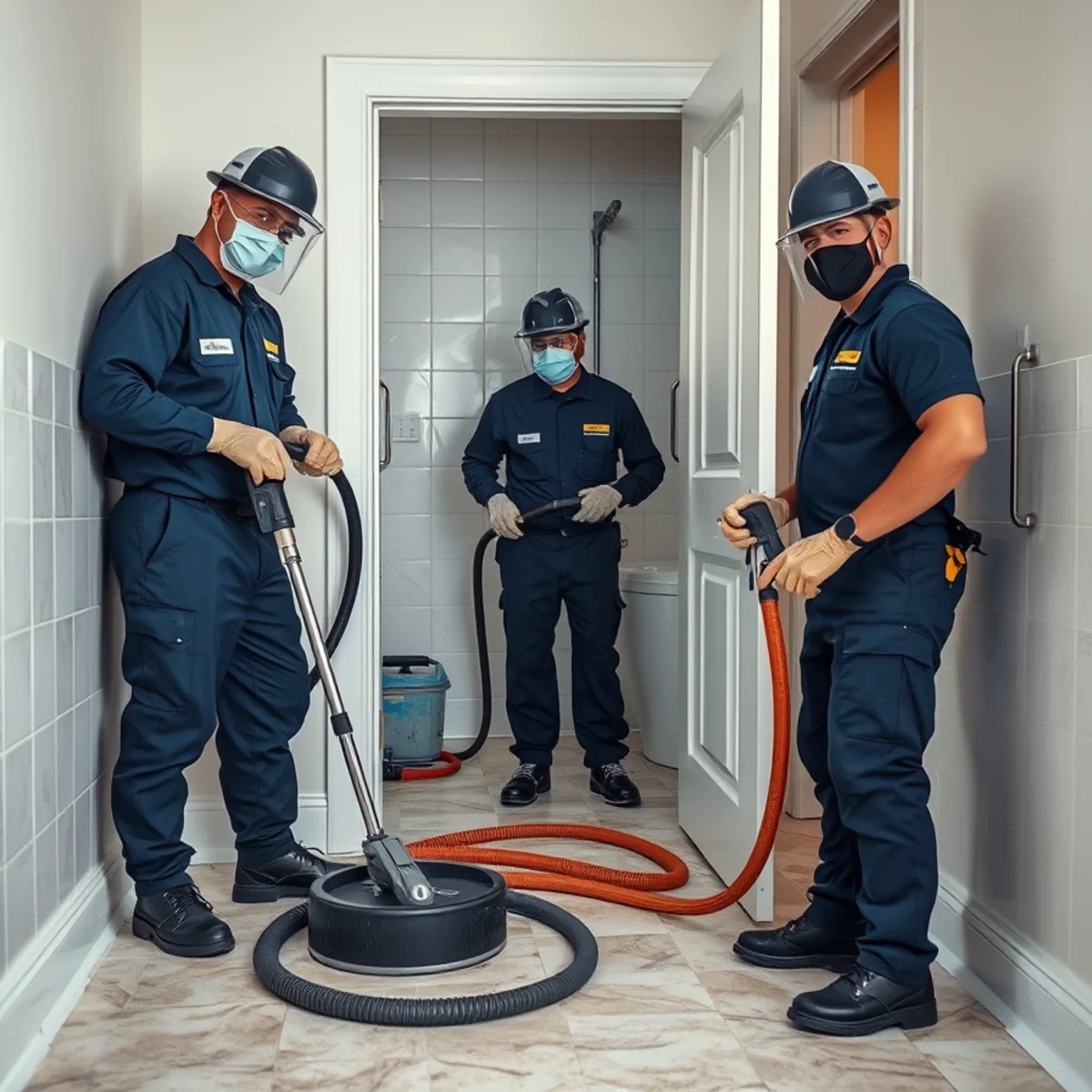 Protected restoration crew performing sewage backup cleanup in Miami