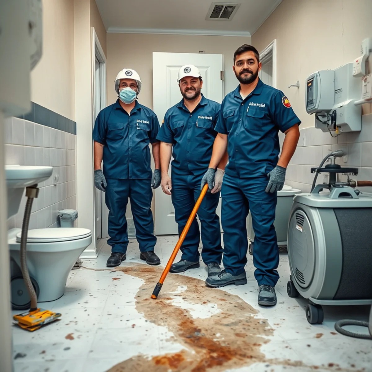 Protected sewage cleanup crew containing a contaminated Miami bathroom