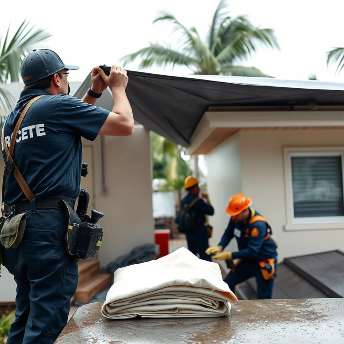 Miami storm damage restoration crew installing temporary weather protection after a hurricane