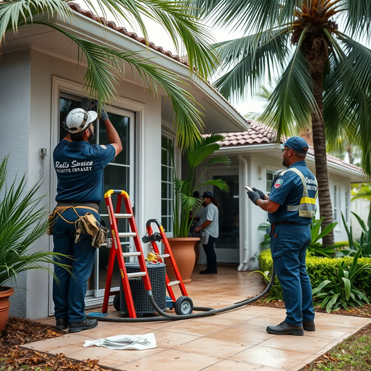 Restoration crew securing a storm-damaged Miami property after a hurricane