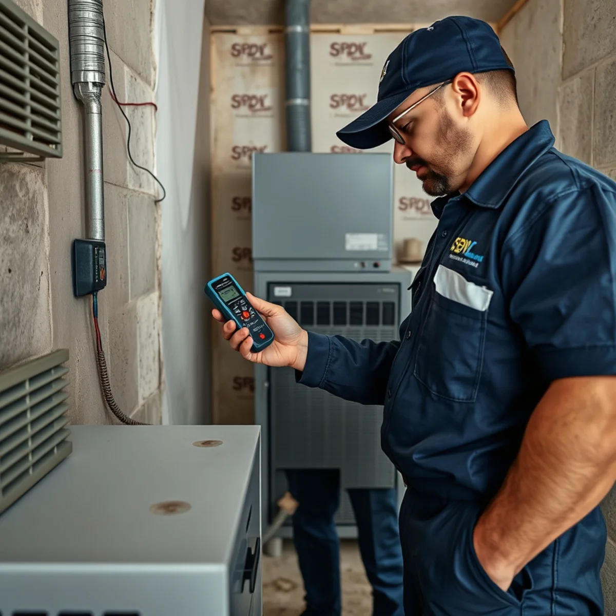 Restoration technician checking a dehumidifier and moisture readings during structural drying in Miami