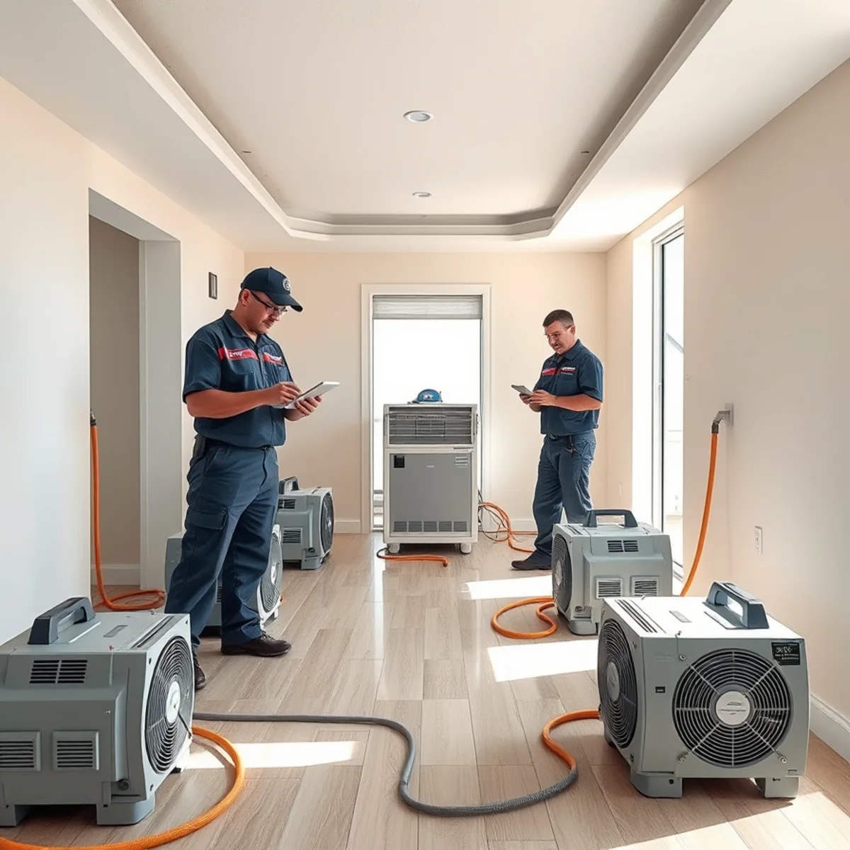 Air movers and dehumidifiers drying a water-damaged Miami interior