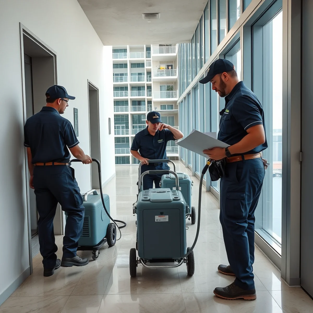 Aventura water damage restoration crew working inside a high-rise condominiums near Aventura Mall