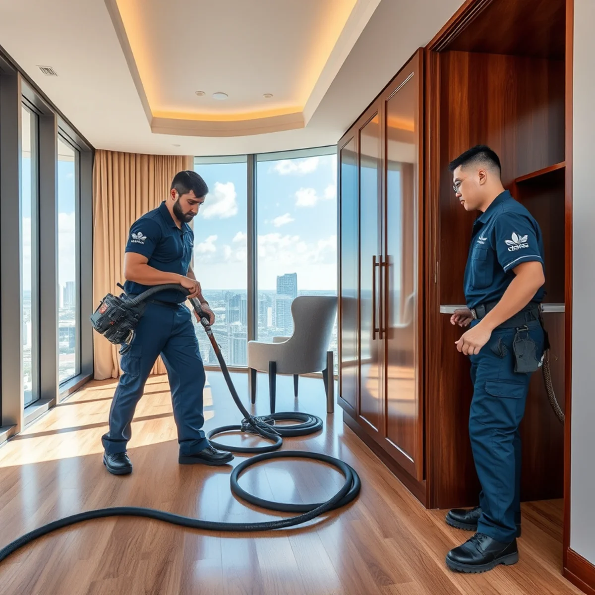 Restoration technician inspecting water damage in an Aventura high-rise