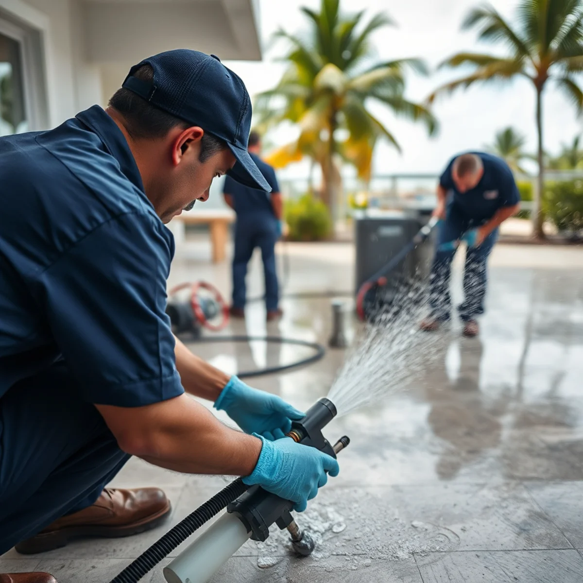 Key Biscayne water damage restoration crew working inside a waterfront homes near Crandon Park