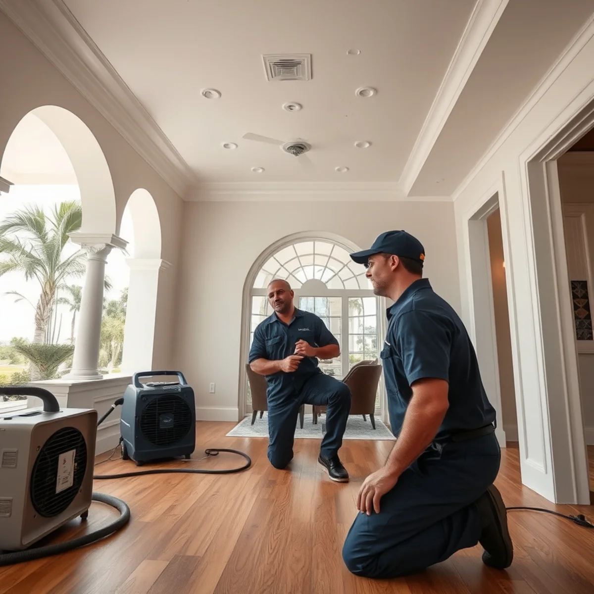 Miami Lakes water damage restoration crew working inside a lakefront homes near Main Street Miami Lakes