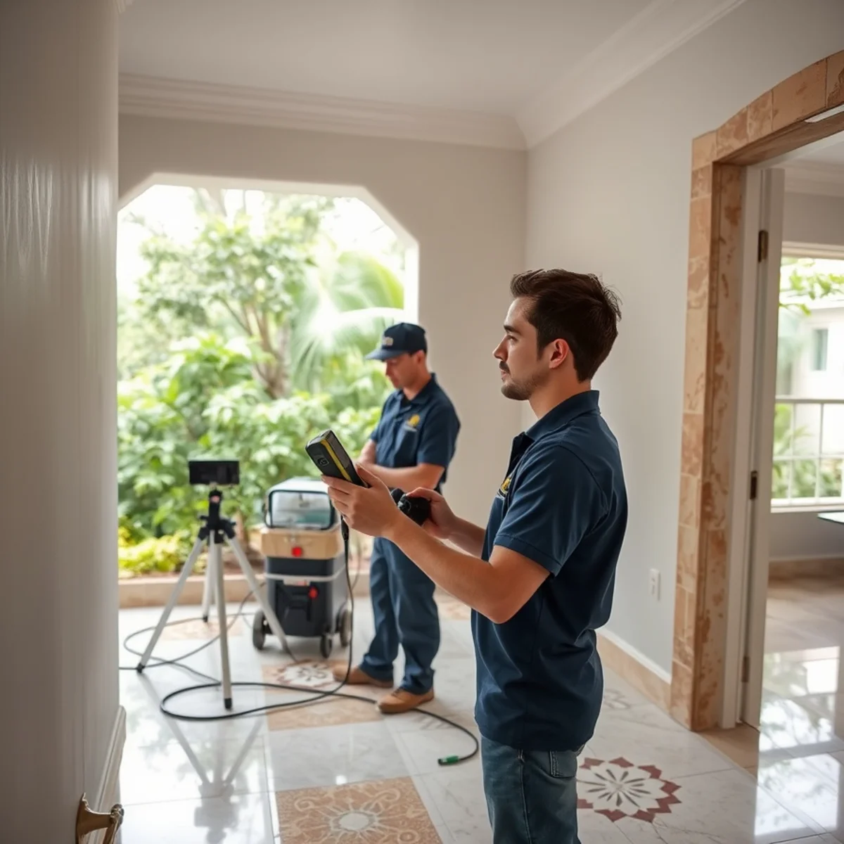 Miami Springs water damage restoration crew working inside a historic pueblo revival homes near Curtiss Mansion