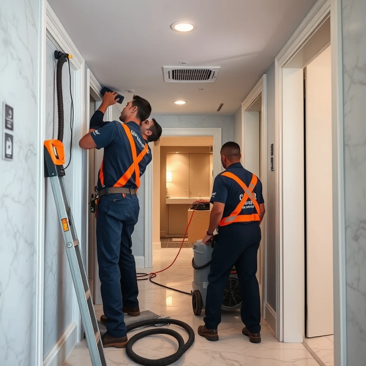 Sunny Isles Beach water damage restoration crew working inside a luxury condo towers near Collins Avenue