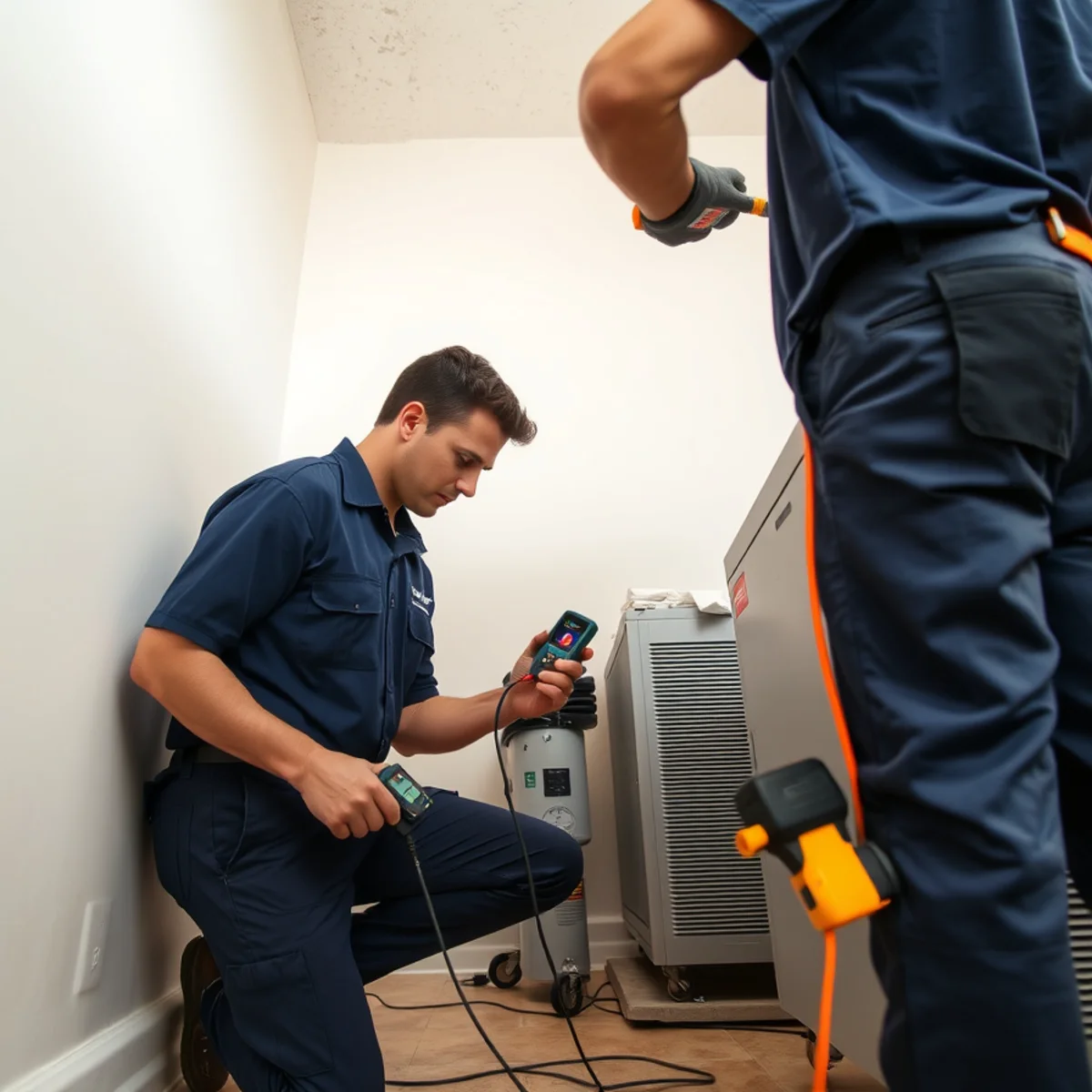 Miami water damage restoration technicians mapping moisture and positioning structural drying equipment