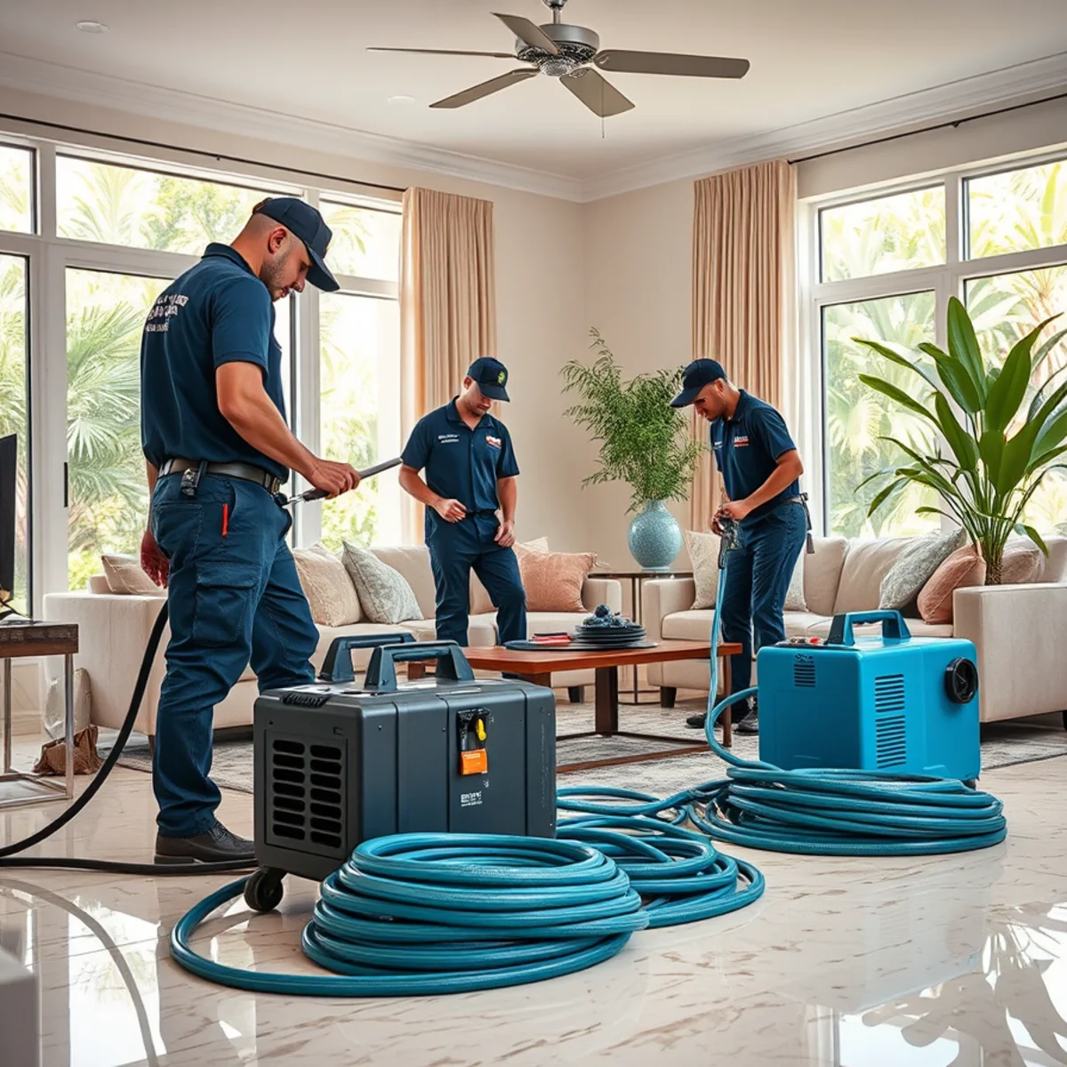 Water damage restoration crew drying a flooded Miami living room
