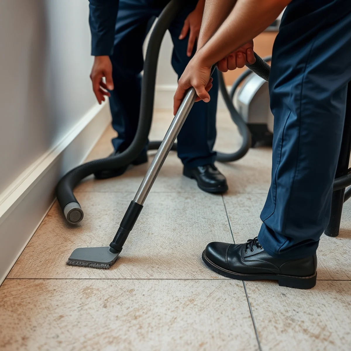 Miami water extraction technician using a weighted extraction tool on saturated carpet