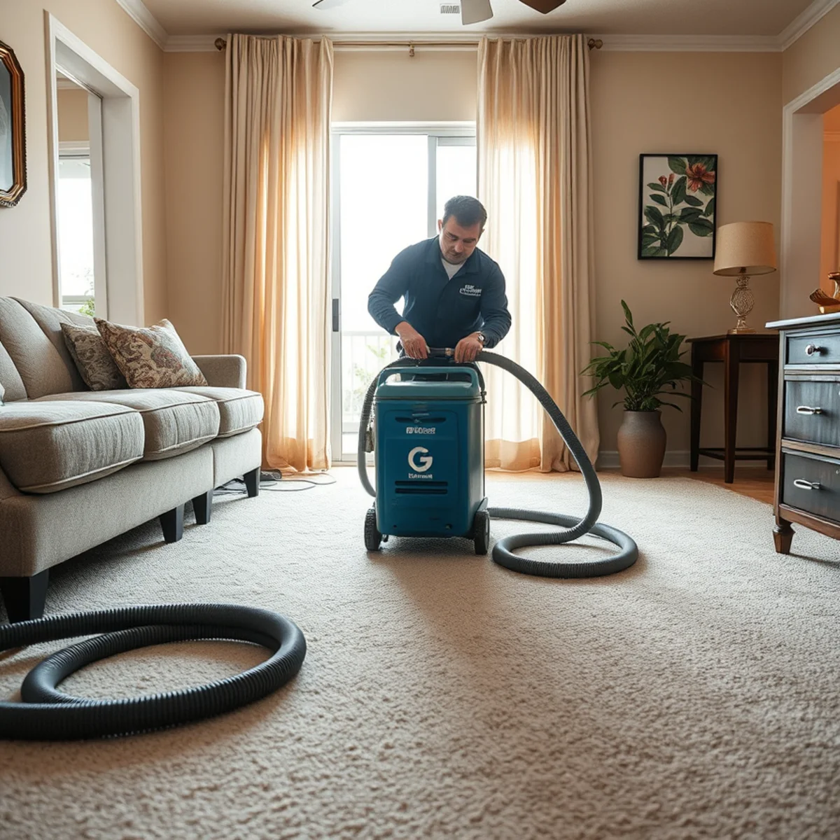 Technician performing professional water extraction on flooring in Miami